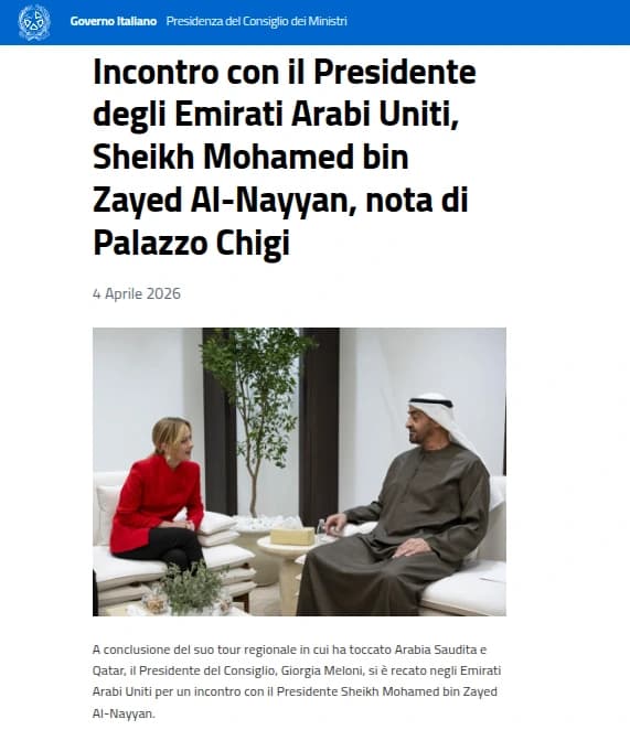 Meloni negli Emirati: le parole "attacchi terroristici" compaiono nel comunicato ufficiale emiratino — attribuite a Meloni. Nel comunicato italiano di Palazzo Chigi quelle parole non esistono. Meloni le ha dette. L'Italia non le ha scritte.