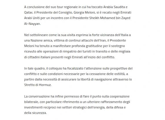 Meloni negli Emirati: le parole "attacchi terroristici" compaiono nel comunicato ufficiale emiratino — attribuite a Meloni. Nel comunicato italiano di Palazzo Chigi quelle parole non esistono. Meloni le ha dette. L'Italia non le ha scritte.
