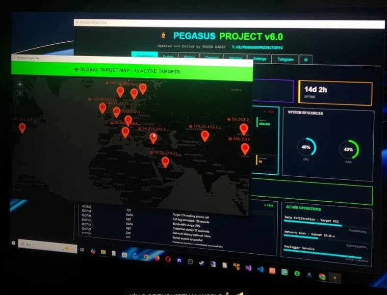 Falsi Pegasus in vendita online Copie di dubbia origine del sistema di intercettazione spyware circolano in rete. Alta probabilità di honeypot FBI o malware inverso. Chi compra si autoidentifica. Trappola di intelligence attiva.